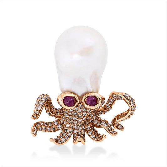 Anhänger 18 kt RG, 172 Brill. 2,03 ct, braun, 2 Rubine 0,54 ct rot, 1 ZP, barock weiß 15,9 mm