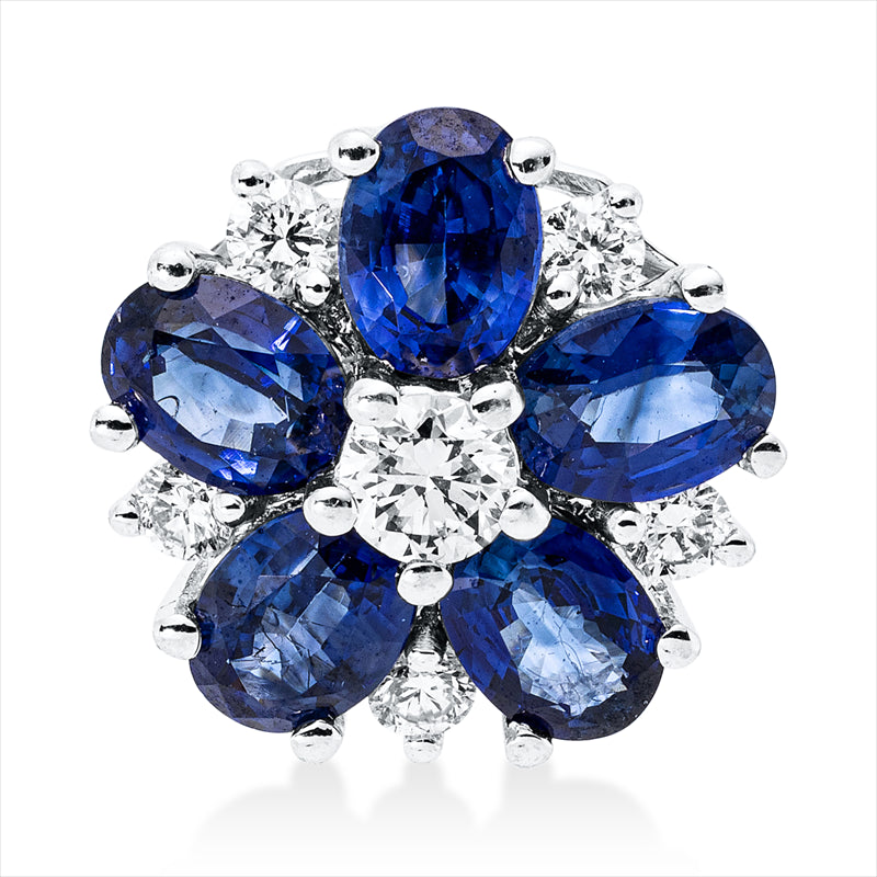 Anhänger 18 kt WG, 1 Brill. 0,08 ct, TW-si, 5 Brill. 0,09 ct, TW-si, 5 Saphire 1,08 ct blau