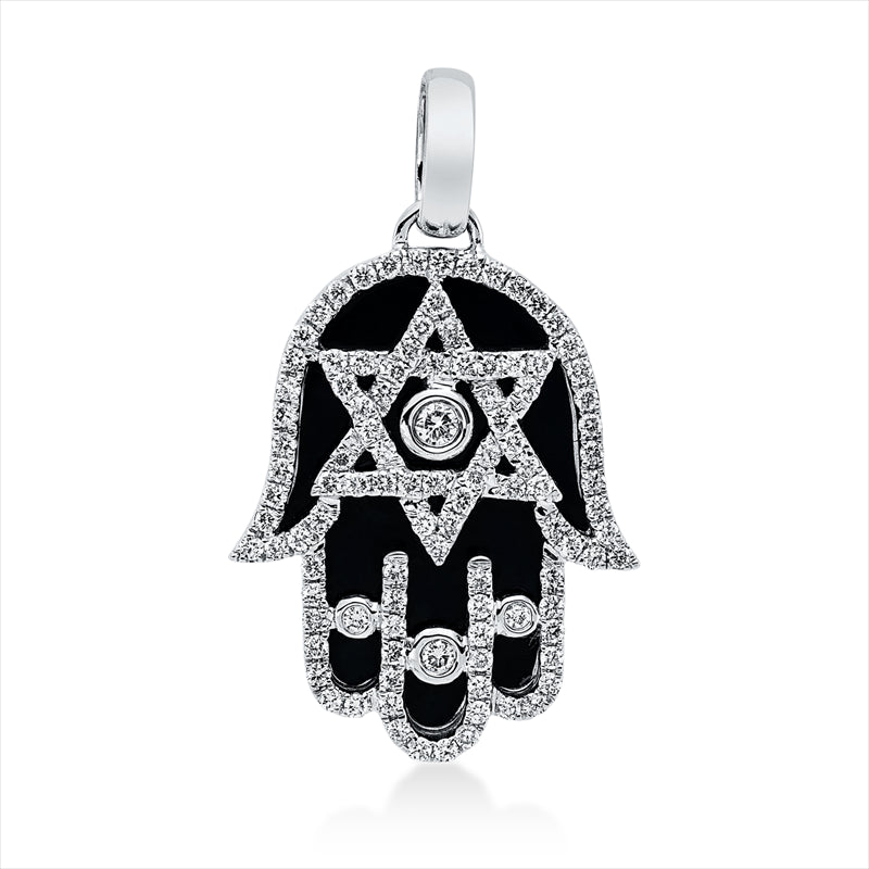 Anhänger 18 kt WG, mit Öse, 2 Brill. 0,04 ct, TW-si, 103 Brill. 0,52 ct, TW-si, 1 Emaille schwarz