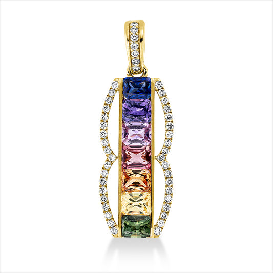 Anhänger 18 kt GG, mit Öse, 45 Brill. 0,18 ct, TW-si, 7 Saphire 1,67 ct multicolor