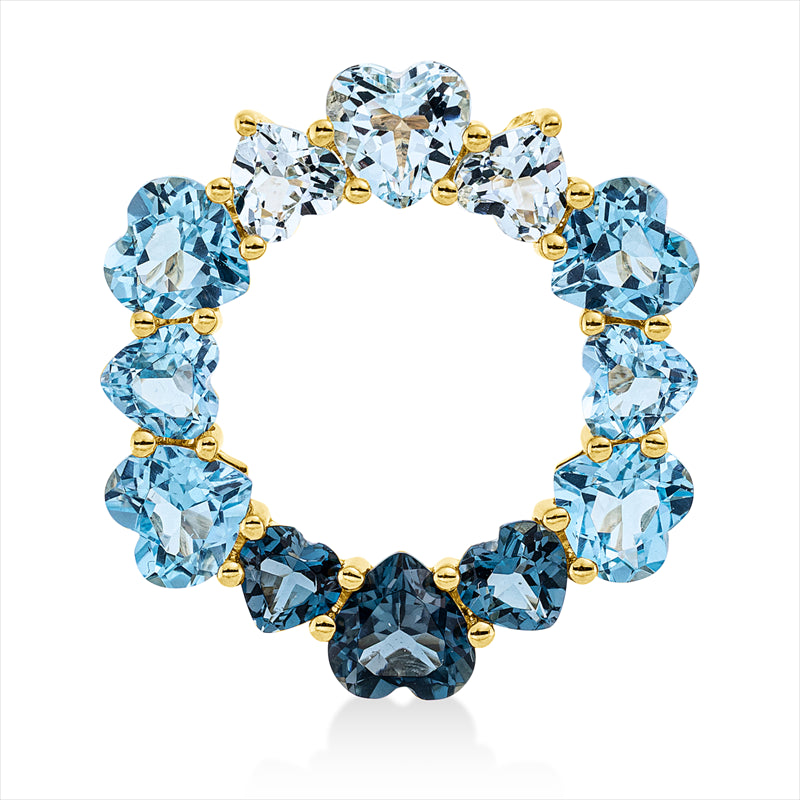 Anhänger 18 kt GG, 6 Topase 3,10 ct blau, 3 Topase 1,30 ct sky blue, 3 Topase 1,30 ct Lond. blue