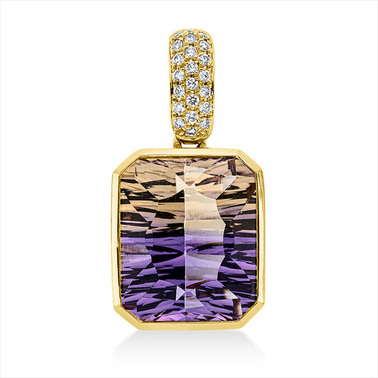 Anhänger 18 kt GG, mit Öse, 22 Brill. 0,10 ct, TW-si, 1 Ametrin 6,00 ct gelb-lila
