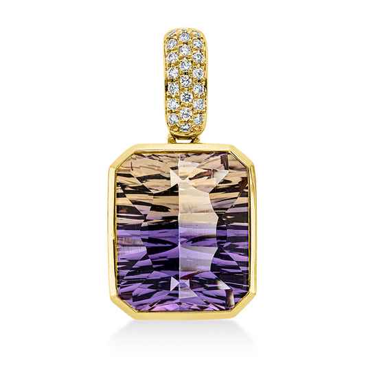 Anhänger 18 kt GG, mit Öse, 22 Brill. 0,10 ct, TW-si, 1 Ametrin 6,30 ct gelb-lila