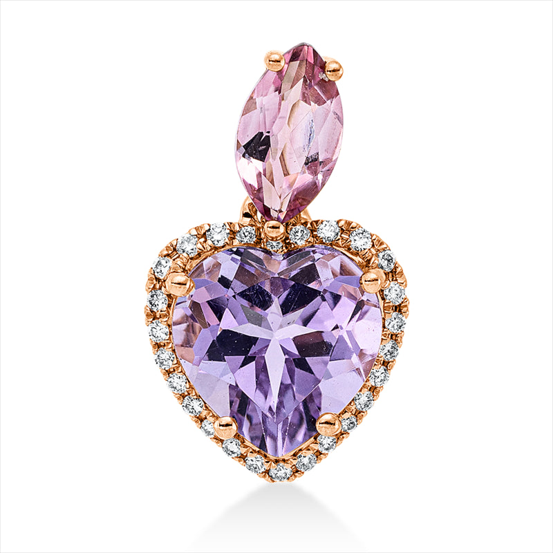Anhänger 18 kt RG, mit Öse, 26 Brill. 0,10 ct, TW-si, 1 Amethyst 1,90 ct pink, 1 Turmalin 0,50 ct pink