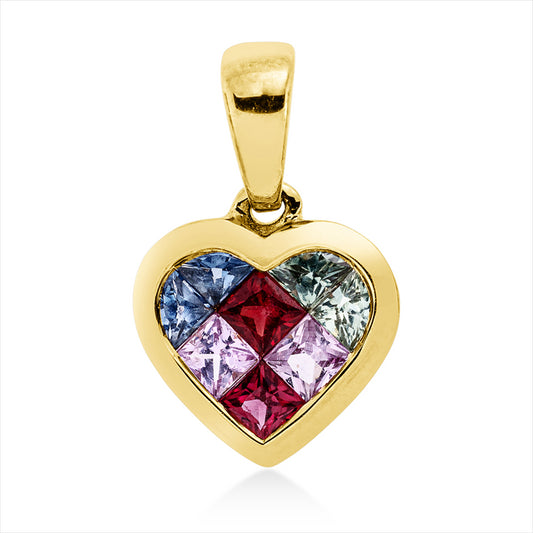 Anhänger 18 kt GG, 2 Saph 0,25 ct pink, 2 Saph 0,27 ct rot, 2 Saph 0,15 ct blau, 2 Saph 0,17 ct grün