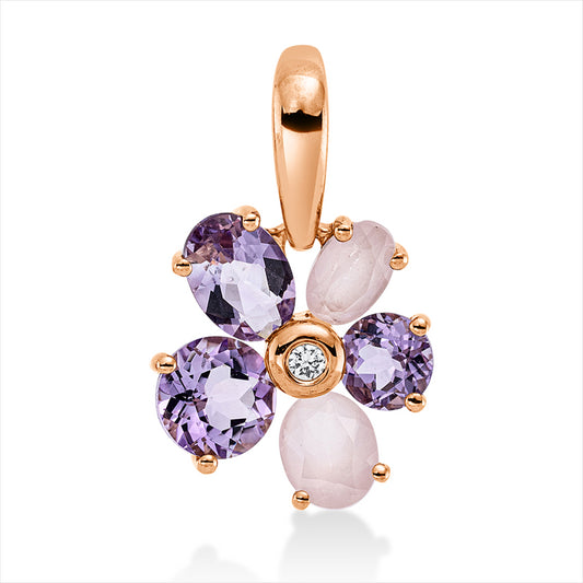 Anhänger 18 kt RG, mit Öse, 1 Brill. 0,03 ct, TW-si, 3 Amethyste 1,20 ct pink, 2 Rosenquarz 0,60 ct rosé