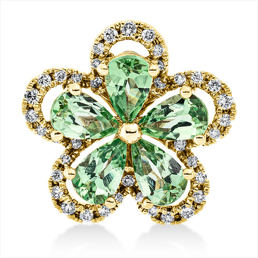 Anhänger 18 kt GG, 40 Brill. 0,15 ct, TW-si, 5 Tsavorith 1,30 ct grün