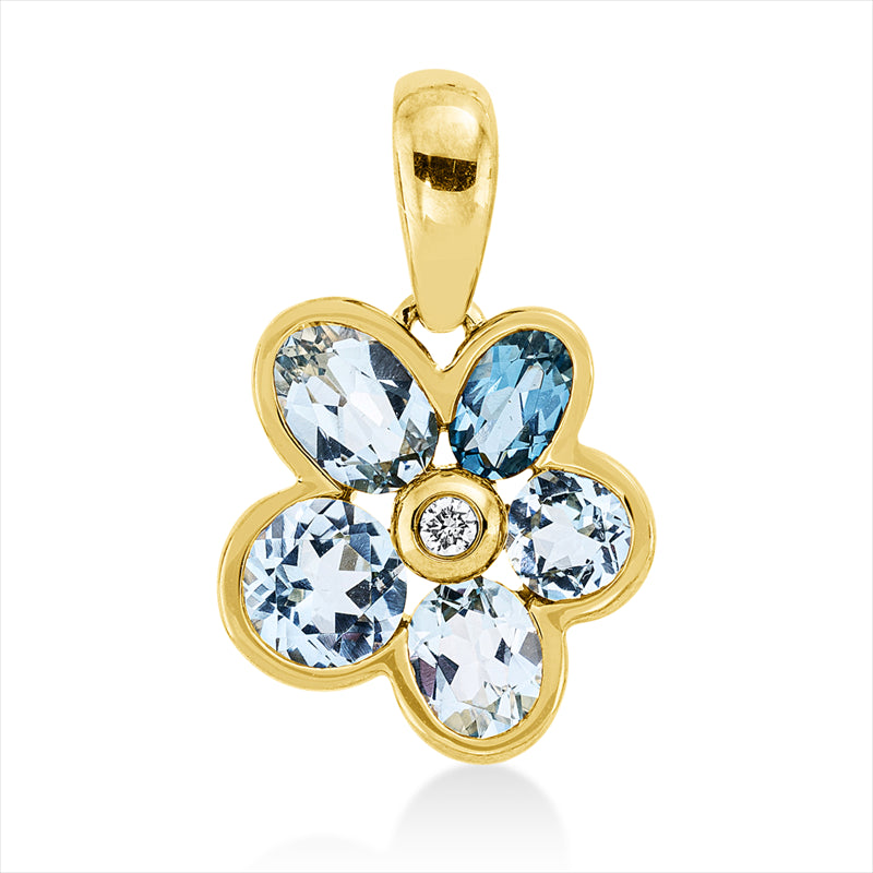 Anhänger 18 kt GG, mit Öse, 1 Brill. 0,02 ct, TW-si, 4 Topase 2,10 ct sky blue, 1 Topas 0,30 ct blau
