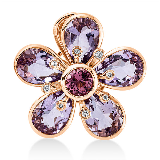 Anhänger 18 kt RG, 8 Brill. 0,04 ct, TW-si, 1 Turmalin 0,30 ct pink, 5 Amethyste 3,20 ct pink
