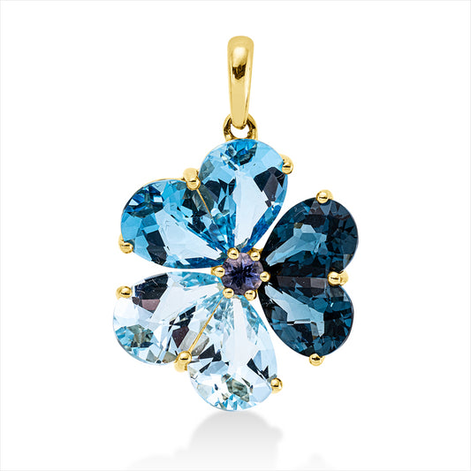 Anhänger 18 kt GG, mit Öse, 1 Iolith 0,10 ct blau, 6 Topase 8,30 ct multicolor