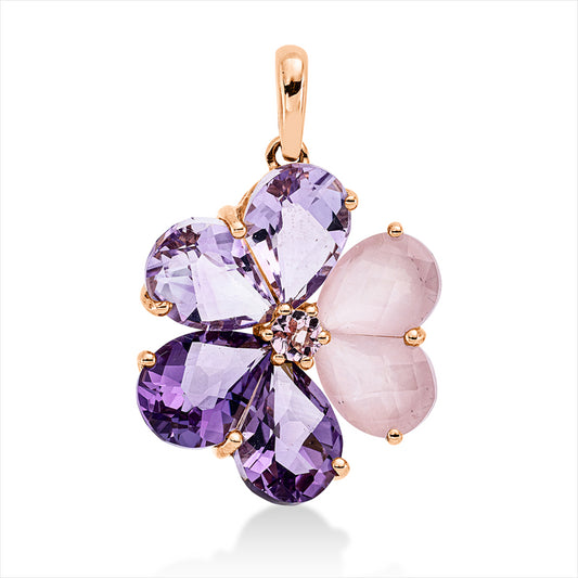 Anhänger 18ktRG,2 Rosenquarz 1,80ct rosé, 2 Am 2,40ct pink, 2 Am 2,40ct lila, 1 Turmalin 0,20ct pink