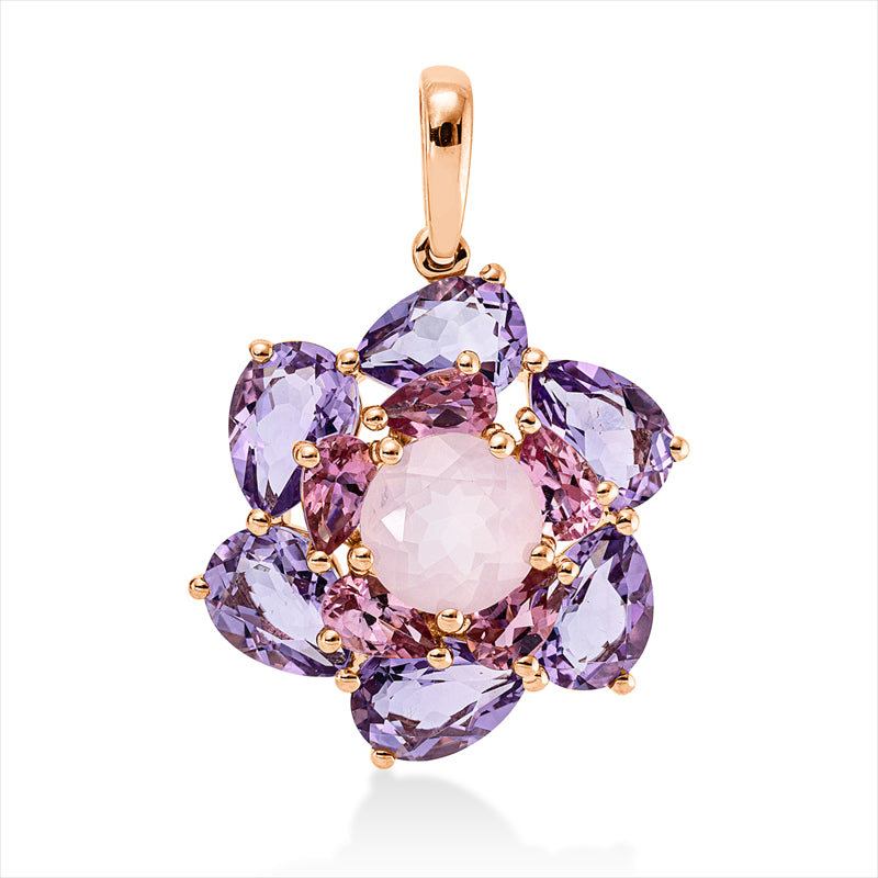 Anhänger 18 kt RG, mit Öse, 5 Turmalin 1,00 ct pink, 1 Rosenquarz 1,40 ct rosé, 6 Amethyste 3,90 ct pink