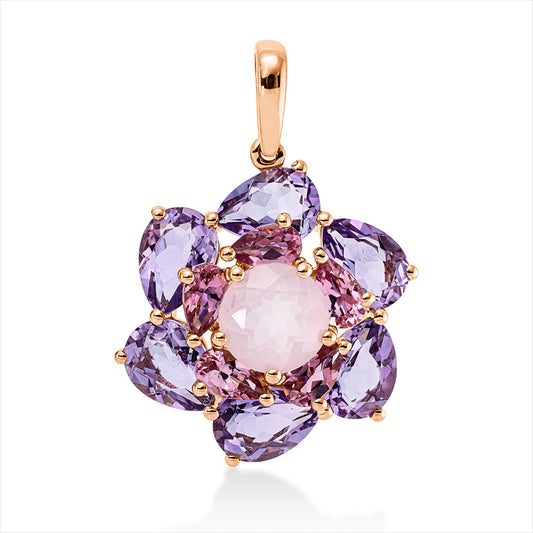 Anhänger 18 kt RG, mit Öse, 5 Turmalin 1,00 ct pink, 1 Rosenquarz 1,40 ct rosé, 6 Amethyste 3,90 ct pink