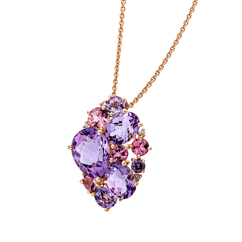 Anhänger 18 kt RG, 6 Brill. 0,05 ct, TW-si, 6 Amethyste 6,50 ct pink, 4 Turmalin 1,50 ct pink