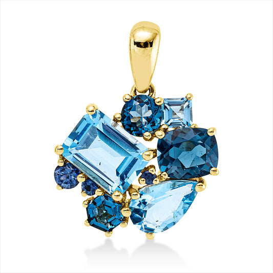 Anhänger 18 kt GG, mit Öse, 3 Topase 1,60 ct Lond. blue, 3 Topase 3,00 ct blau, 3 Saphire 0,19 ct blau