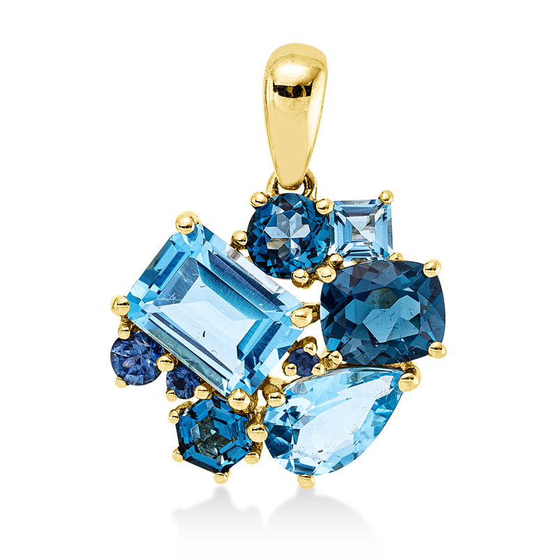 Anhänger 18ktGG, mit Öse, 3 Topase 1,70 ct Lond. blue, 3 Topase 3,20 ct blau, 3 Saphire 0,19 ct blau