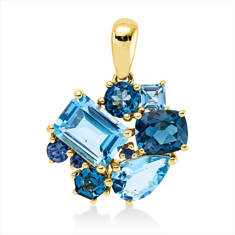 Anhänger 18 kt GG, mit Öse, 3 Topase 1,70 ct Lond. blue, 3 Topase 3,20 ct blau, 3 Saphire 0,19 ct blau