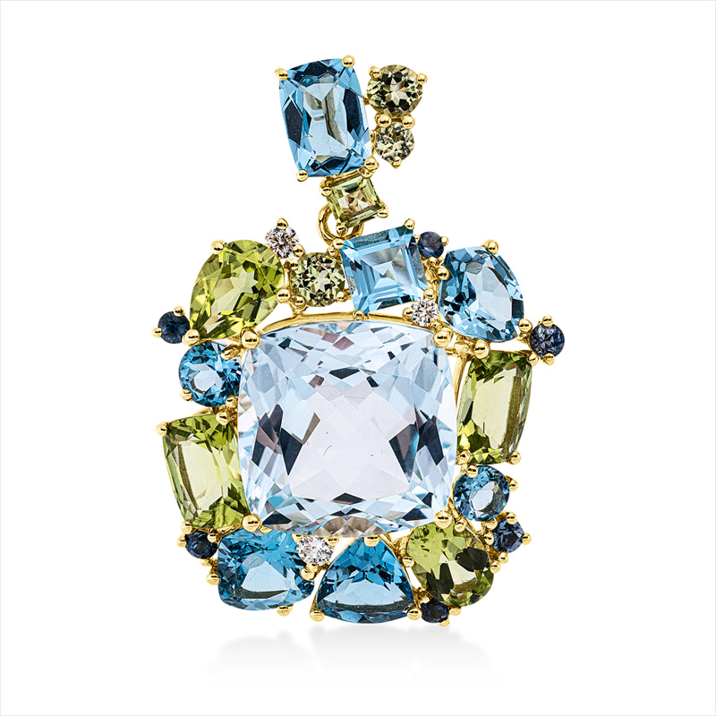Anhänger 18ktGG,3 Brill.0,12ct, TW-si,8 Peridot 4,30ct grün,8 Topase 19,10ct multi blau,6 Sapp 0,32ct blau