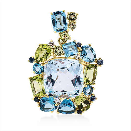 Anhänger 18ktGG,3 Brill.0,12ct, TW-si,8 Peridot 4,30ct grün,8 Topase 19,10ct multi blau,6 Sapp 0,32ct blau