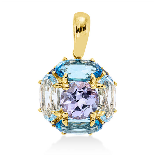 Anhänger 18 kt GG, 1 Tans 1,00 ct, 2 Top 2,10 ct sky blue, 2 Top 2,10 ct blau, 4 Saphire 0,08 ct