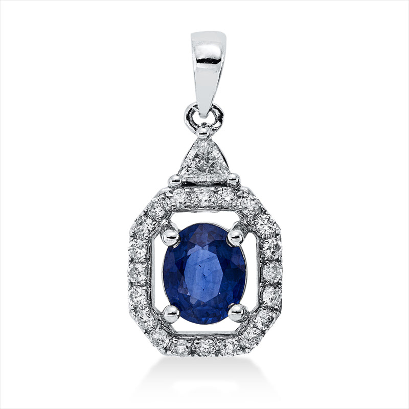 Anhänger 18 kt WG, mit Öse, 1 Triangel 0,07 ct, W-si, 20 Brill. 0,17 ct, W-pi, 1 Saphir 0,73 ct blau