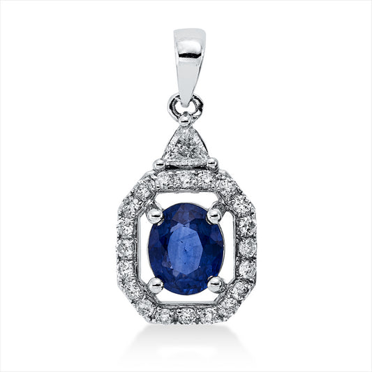 Anhänger 18 kt WG, mit Öse, 1 Triangel 0,07 ct, W-si, 20 Brill. 0,17 ct, W-pi, 1 Saphir 0,73 ct blau