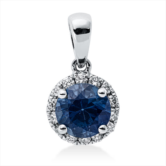 Anhänger 18 kt WG, mit Öse, 14 Brill. 0,12 ct, W-si, 1 Saphir 0,88 ct blau