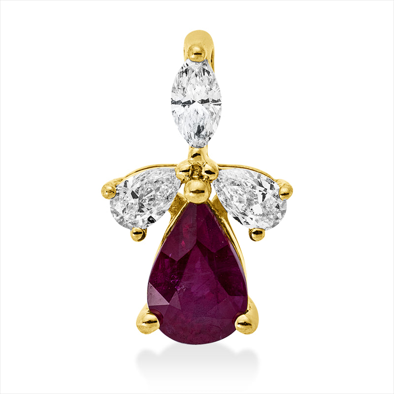 Anhänger 18 kt GG, mit Öse, 1 Nav. 0,07 ct, TW-si, 2 Tropfen 0,12 ct, TW-si, 1 Rubin 0,55 ct rot