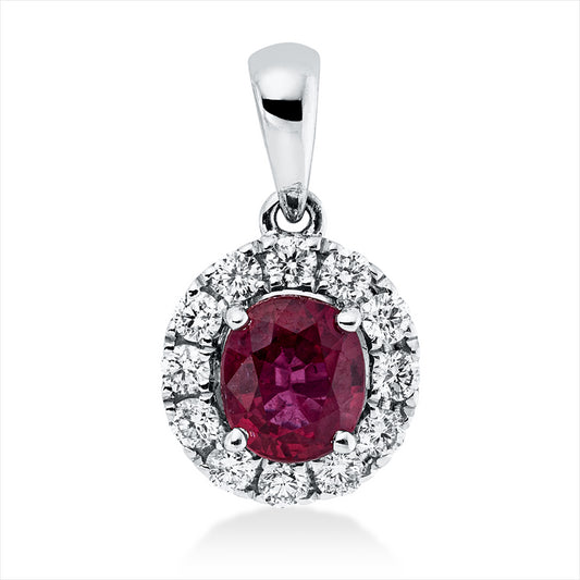 Anhänger 18 kt WG, mit Öse, 12 Brill. 0,19 ct, TW-si, 1 Rubin 0,64 ct rot