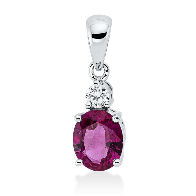 Anhänger 18 kt WG, mit Öse, 1 Brill. 0,05 ct, TW-si, 1 Rubin 0,60 ct rot