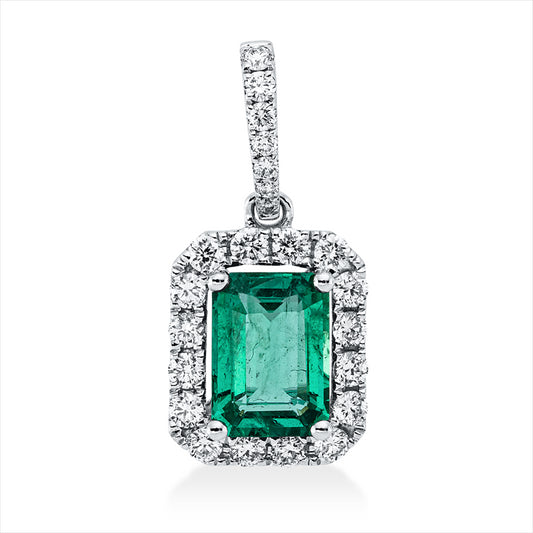 Anhänger 18 kt WG, mit Öse, 23 Brill. 0,28 ct, TW-si, 1 Smaragd 0,76 ct grün