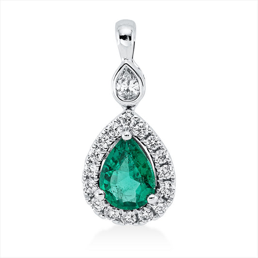 Anhänger 18 kt WG, mit Öse, 1 Tropfen 0,07 ct, TW-si, 16 Brill. 0,19 ct, TW-si, 1 Smaragd 0,70 ct grün