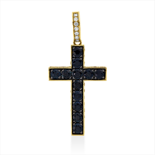 Anhänger 18 kt GG, 7 Brill. 0,08 ct, TW-pi, 1 Brill. 0,01 ct, schwarz, 49 Saphire 4,32 ct blau