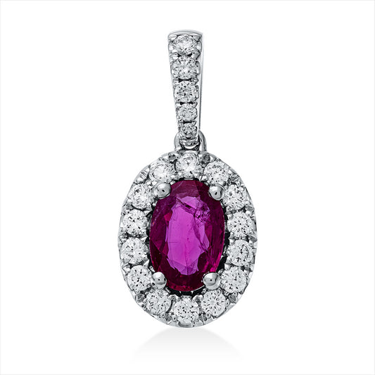 Anhänger 18 kt WG, mit Öse, 19 Brill. 0,18 ct, TW-vsi/si, 1 Rubin 0,53 ct rot