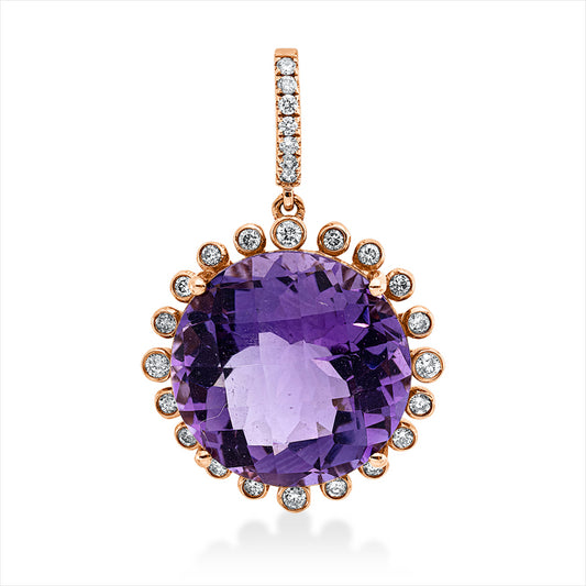 Anhänger 18 kt RG, mit Öse, 27 Brill. 0,34 ct, braun, 1 Amethyst 13,28 ct lila