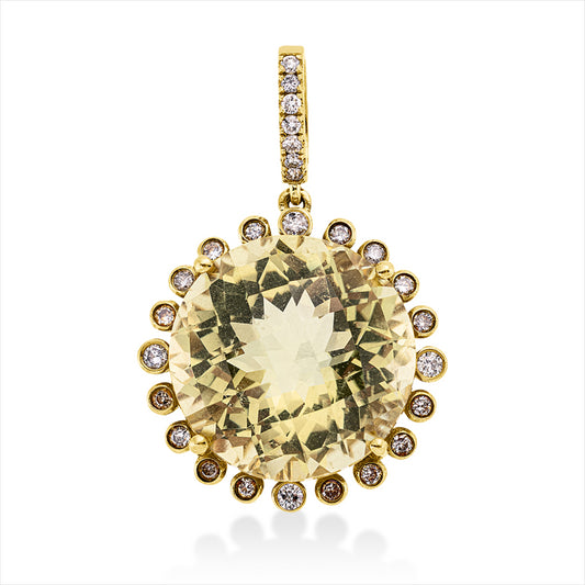 Anhänger 18 kt GG, mit Öse, 27 Brill. 0,34 ct, fancy-pi, 1 Lemonquarz 14,98 ct grün
