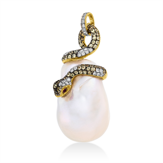 Anhänger 18 kt GG, 40 Br. 0,34 ct, fancy, 71 Sap 0,84 ct gelb, 2 Rubine 0,04 ct , 1 ZP, barock weiß