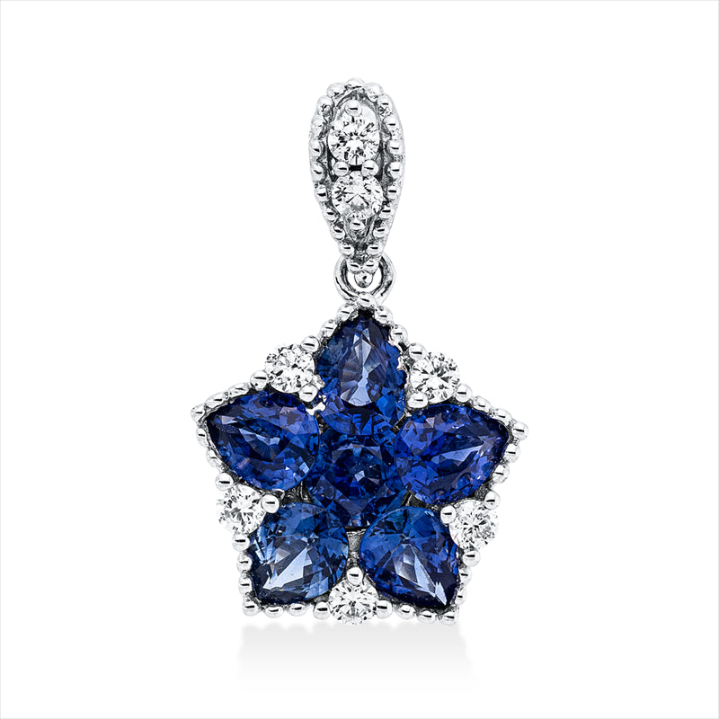 Anhänger 14 kt WG, mit Öse, 7 Brill. 0,17 ct, TW/W-si, 1 Saphir 0,27 ct blau, 5 Saphire 1,30 ct blau
