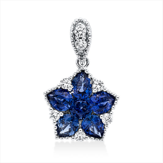Anhänger 14 kt WG, mit Öse, 7 Brill. 0,17 ct, TW/W-si, 1 Saphir 0,27 ct blau, 5 Saphire 1,30 ct blau