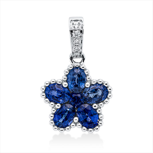 Anhänger 14 kt WG, mit Öse, 5 Brill. 0,02 ct, TW/W-si, 5 Saphire 1,03 ct blau, 1 Saphir 0,07 ct blau