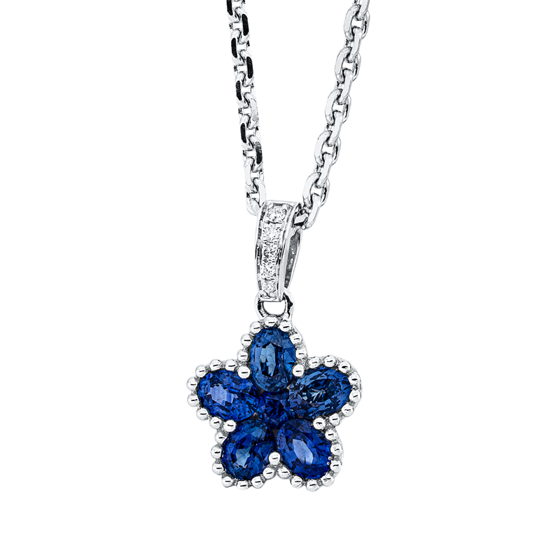 Anhänger 14 kt WG, mit Öse, 5 Brill. 0,02 ct, TW-si, 5 Saphire 1,03 ct blau, 1 Saphir 0,07 ct blau