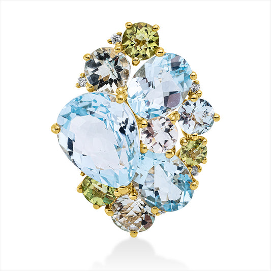 Anhänger 18 kt GG, 6 Brill. 0,05 ct, TW-si, 4 Topase 7,90 ct sky blue, 6 Amethyste 2,10 ct grün