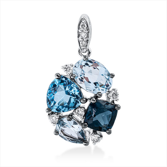 Anhänger 18 kt WG, Fassung schwarz rhodiniert, 8 Brill. 0,10 ct, W-si, 4 Topas 3,04 ct multicolor