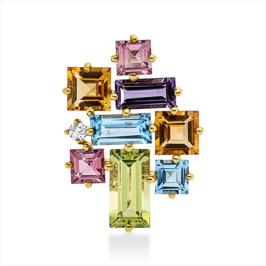 Anhänger 18 kt GG, 1 Brill. 0,04 ct, TW-si, 3 Farbsteine 1,60 ct multicolor, 5 Farbsteine 2,10 ct multicolor