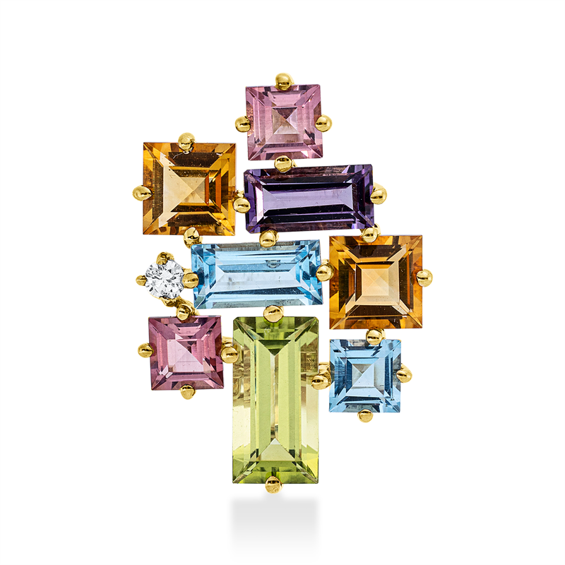Anhänger 18 kt GG, 1 Brill. 0,04 ct, TW-si, 3 Farbsteine 1,60 ct multicolor, 5 Farbsteine 2,10 ct multicolor