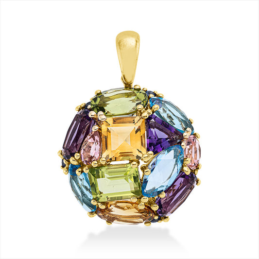 Anhänger 18 kt GG, 10 Farbsteine 8,40 ct multicolor, 2 Peridot 2,80 ct grün, 4 Saphire 0,09 ct blau