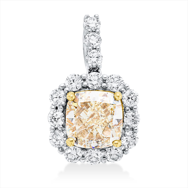 Anhänger 18 kt WG+GG, GIA 5222696779, 1 Cushion 3,00 ct, gelb-vs1, 15 Brill. 0,88 ct, TW-vsi
