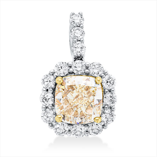 Anhänger 18 kt WG+GG, GIA 5222696779, 1 Cushion 3,00 ct, gelb-vs1, 15 Brill. 0,88 ct, TW-vsi
