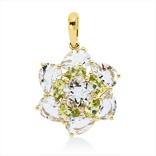 Anhänger 18 kt GG, 6 Amethyste 3,90 ct grün, 1 Amethyst 1,30 ct grün, 5 Peridot 1,00 ct grün