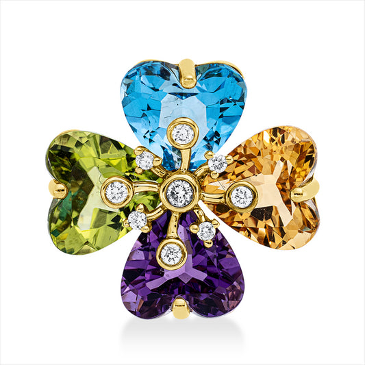 Anhänger 18 kt GG, 9 Brill. 0,13 ct, TW-si, 4 Farbsteine 8,40 ct multicolor